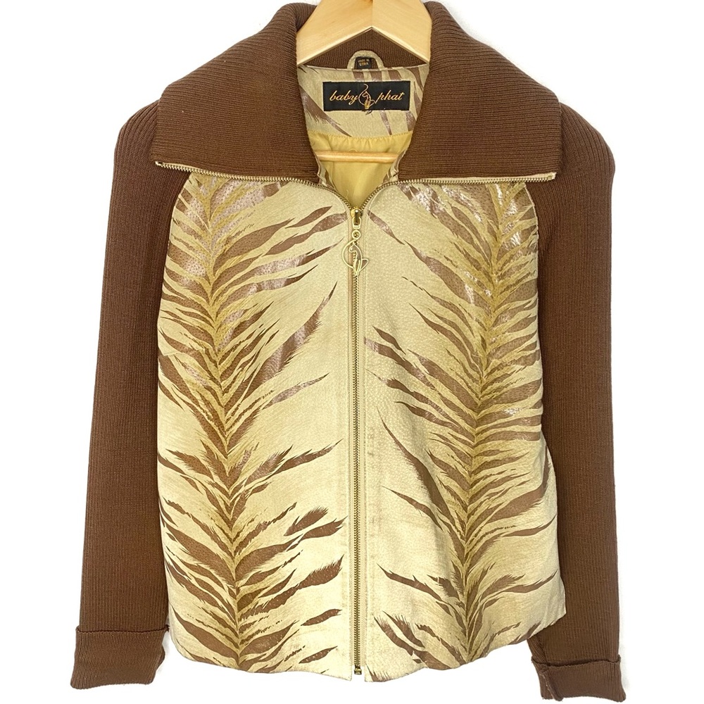 Baby Phat Brown and Gold Mixed-Media Zip Front Jacket